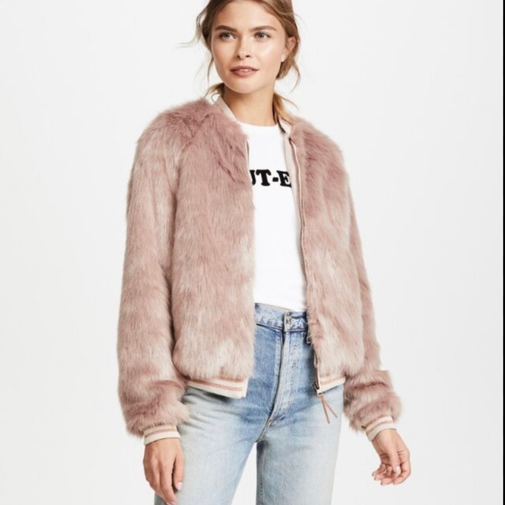 MOTHER Pink Faux Fur Bomber Jacket